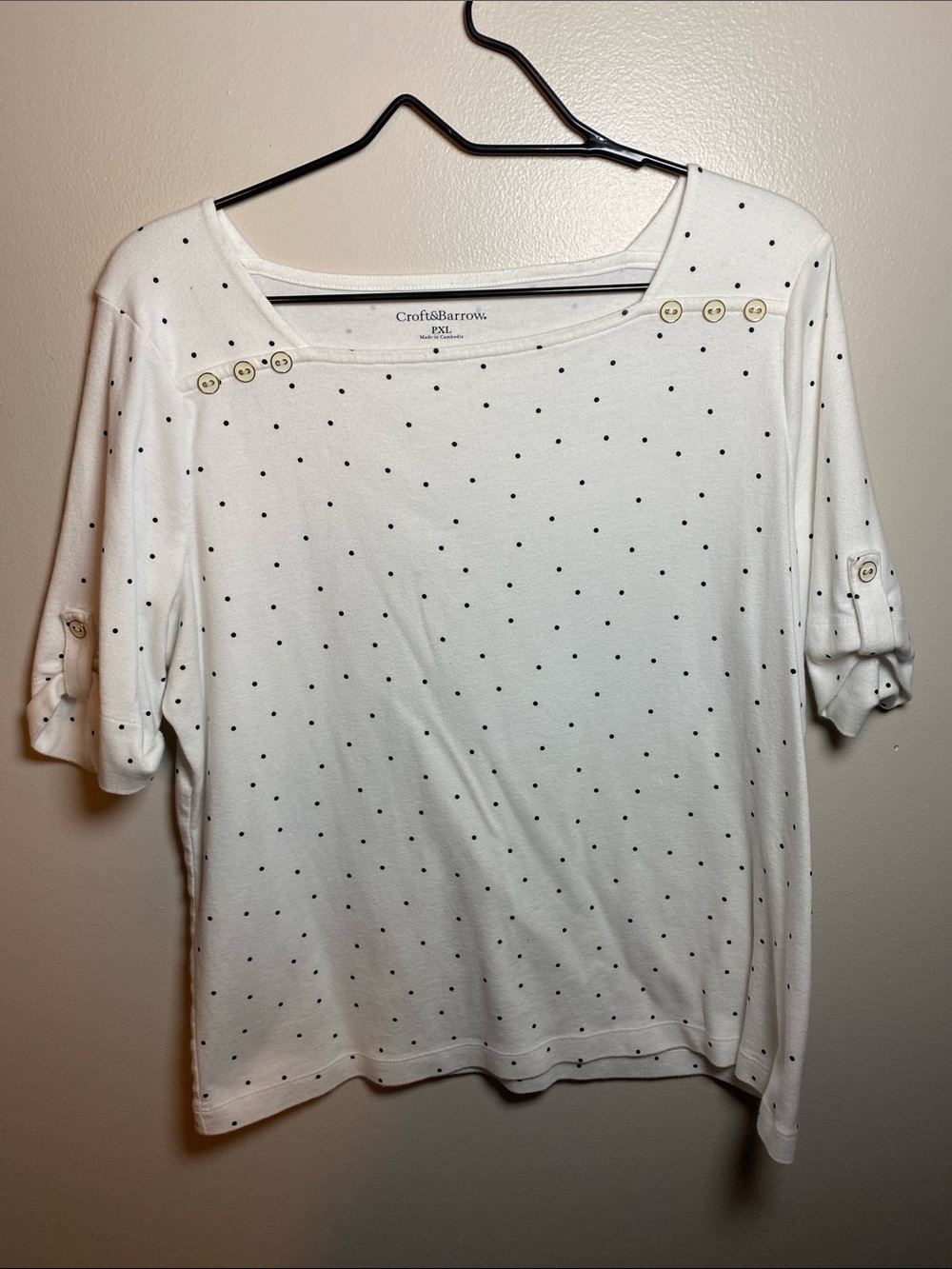 croft & barrow White Short-Sleeve Polka Dot Button-Accent Top